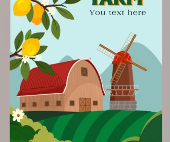 Farming Poster Windmill Warehouse Lemon Tree Field Sketch