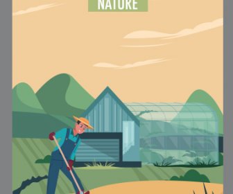 Cartel De La Agricultura De Trabajo Hombre Bosquejo Diseño De Dibujos Animados