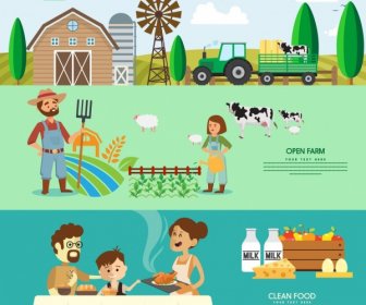 Farming Products Banner Multicolored Cartoon Design