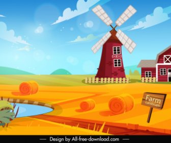 Farming Scenery Painting Bright Colorful Design