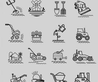 сельскохозяйственные инструменты иконы иллюстрации в черно-белом