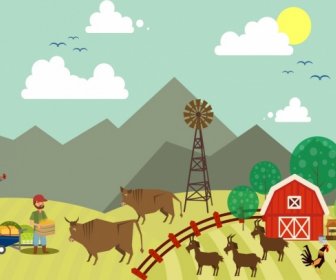 Farming Work Background Colored Cartoon Design