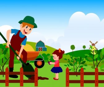 農事背景彩色卡通裝潢人物圖標
