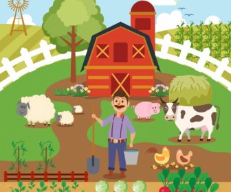 Farming Work Background Farmer Cattle Icons Cartoon Design