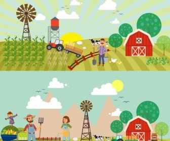 Farming Work Background Sets Colored Cartoon Design