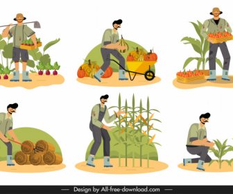 Farming Work Icon Cartoon Characters Sketch