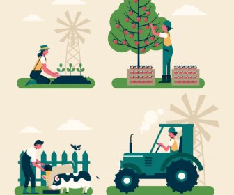Farming Work Icons Classical Colorful Design Cartoon Characters