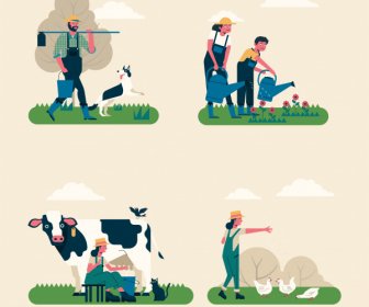 Farming Work Icons Classical Design Cartoon Characters Sketch