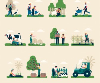 Сельское хозяйство иконы работы цветной мультфильм дизайн