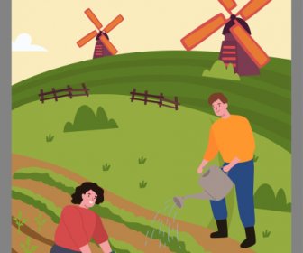 Pekerjaan Pertanian Poster Desain Kartun Sketsa Tanaman Pertanian