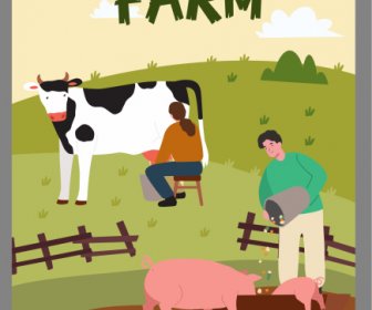 農業作業ポスター牛農家スケッチ漫画のデザイン