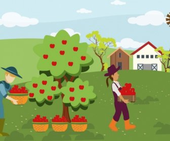Сельское хозяйство тема работы человека, сбора урожая фруктов дизайн
