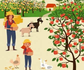 Farming Work Theme Poultry Cattle Fruit Harvesting Icons