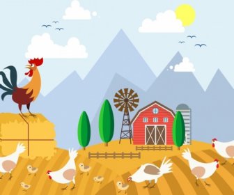 Farmland Drawing Chicken Icons Colored Cartoon Design