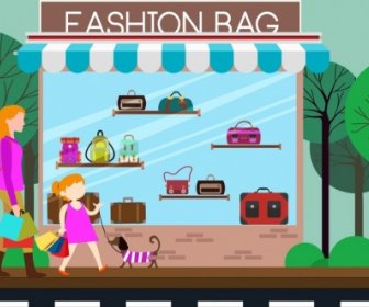Fashion Bag Store Facade Design Colored Cartoon