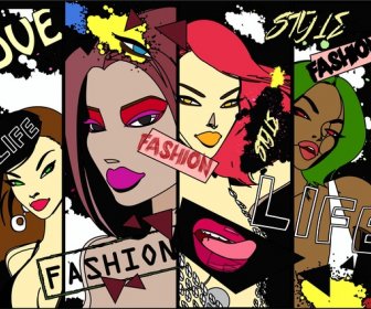 Mode Spanduk Sketsa Desain Dengan Gadis-gadis Trendi