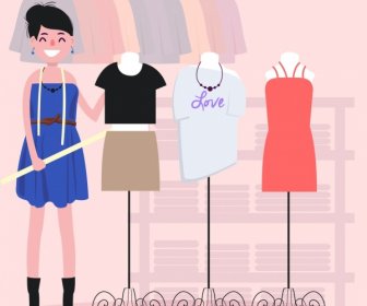 Fashion Designer Job Background Female Clothes Display Colored Cartoon