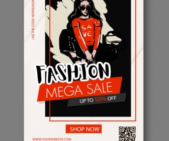 Fashion Mega Sale Banner Dark Classical Handdrawn Sketch