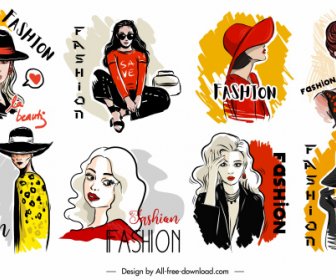 Fashion Model Icons Colored Handdrawn Cartoon Sketch