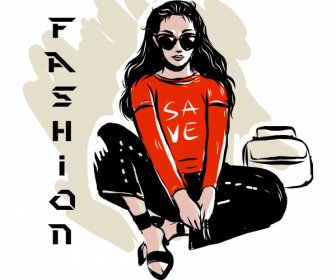 Moda Poster şablonu Rahat Kız Skeç Handdrawn Karikatür