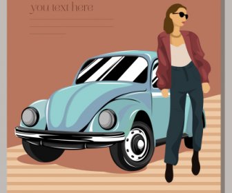 Fashion Poster Young Lady Classic Car Sketch