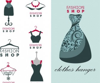 Fashion Shop Logo Sets Isolated With Dress Display