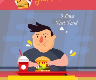 Fast Food Advertisement Eating Man Icon Colored Cartoon