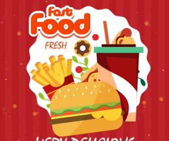 Fast Food Ogłoszenie Hamburger Frytki Napój Ikony