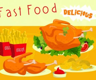Fast Food Reklama Pieczonego Kurczaka Pieczonego Ziemniaka Ikony