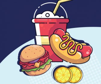 Fast Food Werbehintergrund Bunt Flach Retro Handgezeichnet