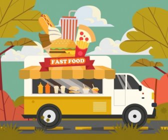 Fast Food Advertising Banner Truck Burgers Hotdog Icons