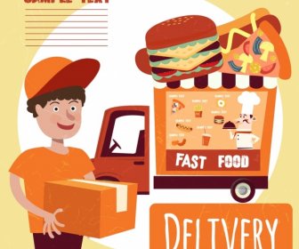 Fast-food Publicidade Rapaz Caminhão ícones Coloridos Dos Desenhos Animados