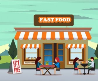 Fast Food Advertising Drawing Store Outdoor Diners Icons