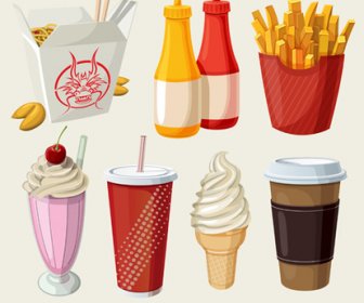 Fast Food And Chocolate With Ice Cream Icons Vector