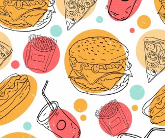 Fast Food Background Colored Handdrawn Design