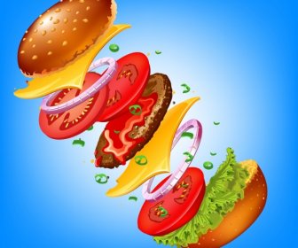 速食背景彩色3D漢堡組件圖標