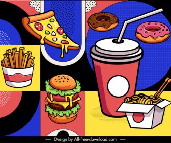 Fast Food Hintergrund Bunte Klassische Skizze