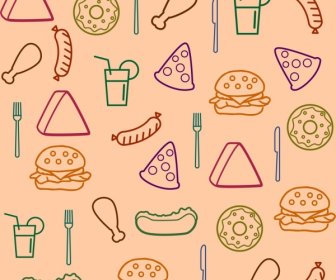 Makanan Cepat Saji Latar Belakang Berbagai Simbol Sketsa Mengulangi Desain
