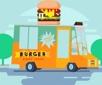 Fast Food Banner Truck Hamburger Icons Cartoon Design