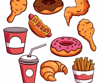 fast food design elements colored classical handdrawn sketch