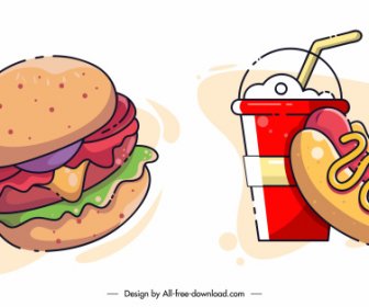 Fast Food Design Elements Colorful Classic Handdrawn Sketch
