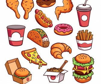 Fast Food Tasarım öğeleri Renkli Klasik Handdrawn Eskiz