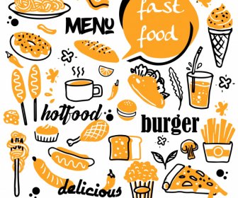 Fast Food Elementos Design Retro Esboço Desenhado à Mão