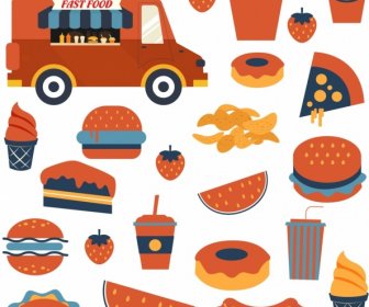 Elementy Projektu Fast Food Truck Hamburger Frytki Ikony