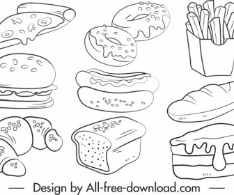 Fast Food Icons Black White Handdrawn Sketch