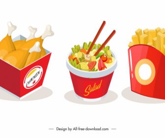 Fast Food Icons Chickens Chips Salad Sketch