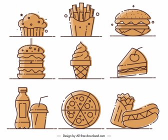 Ikon Makanan Cepat Saji Sketsa Handdrawn Datar Klasik
