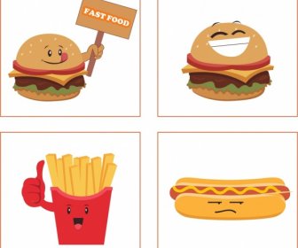 Fast-Food Icons Sammlung Lustige Emoticon Isolierung