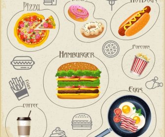 Collection D’icônes De Fast-Food Multicolore Symboles D’isolation
