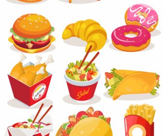 Iconos De Comida Rápida Colorido Boceto En 3D